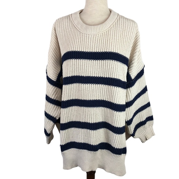 aerie Sweaters - Aerie Oversized Relaxed Fit Cream Blue Stripe Soft Chunky Knit Crew Sweater